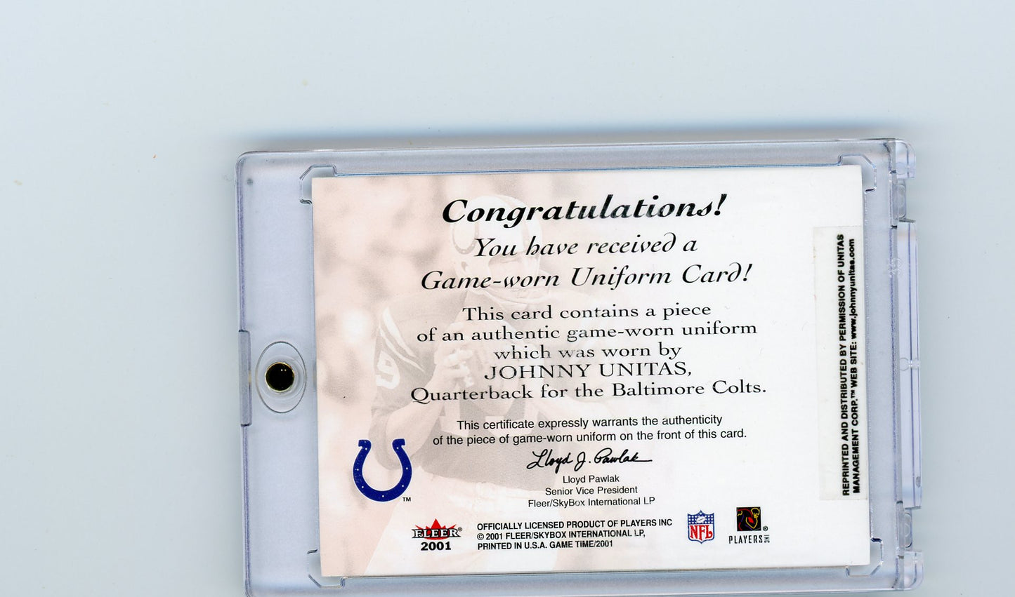 2001 Fleer Game Time JOHNNY UNITAS GAME USED AUTO JERSEY 23/25