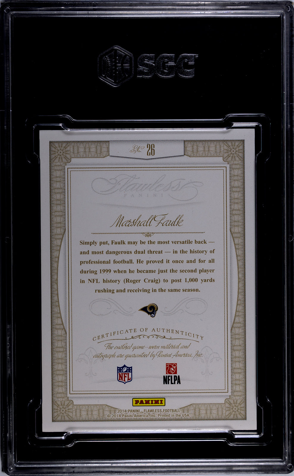 2014 Panini Flawless Marshall Faulk 1/1 game used jersey patch auto SGC A