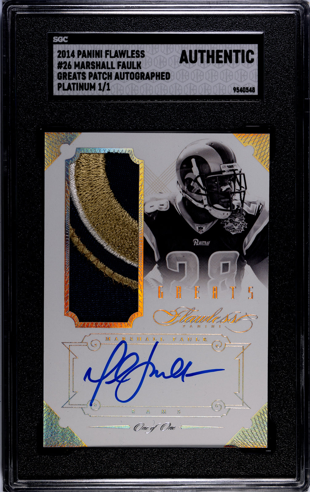 2014 Panini Flawless Marshall Faulk 1/1 game used jersey patch auto SGC A